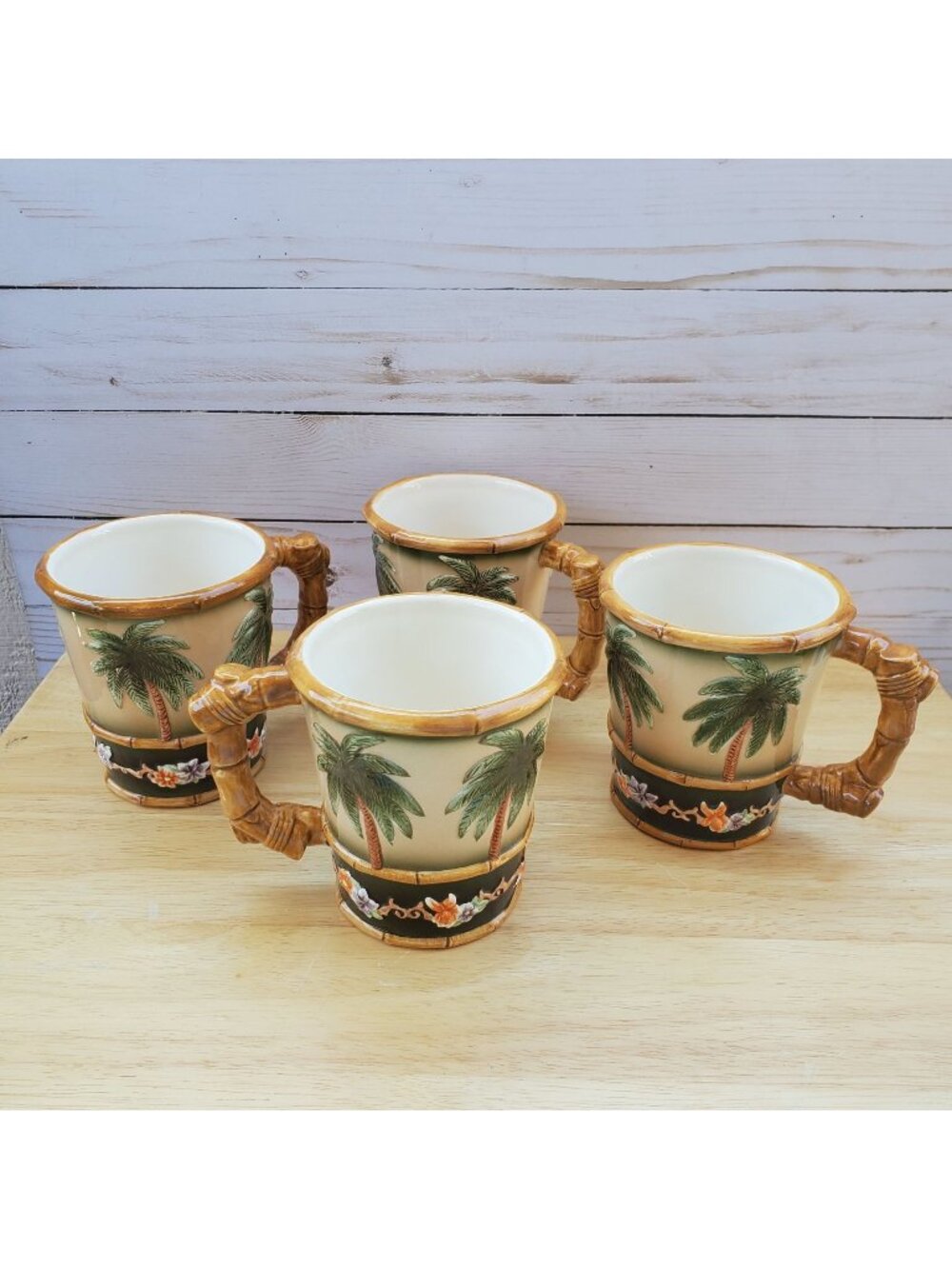 Tommy Bahama Coffee Mugs Palm Tree Bamboo Tropical Flowers Handmade Set Of 4